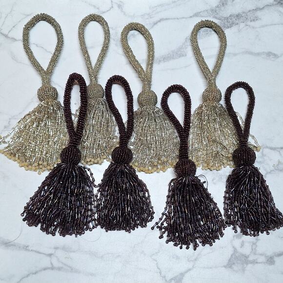 Vintage Lot of 8 beaded drape curtain tie backtassel silver dark purple metallic - Picture 1 of 7
